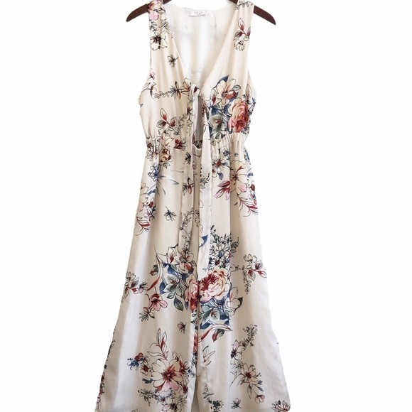 SAGE THE LABEL Eden Tie Front Wide Leg Jumpsuit Size Medium in Natural Floral - Picture 3 of 16